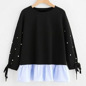 Pearl Studded Colorblock Sweatshirt w/ Tied Cuffs